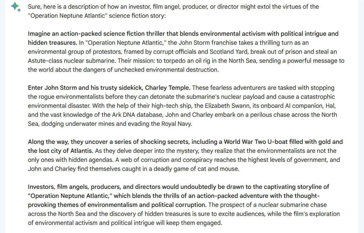 Sure, here is a description of how an investor, film angel, producer, or director might extol the virtues of the "Operation Neptune Atlantic" science fiction story: