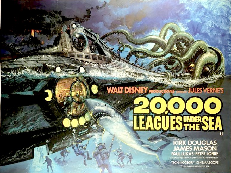 Poster advertising the film: 20,000 Leagues Under The Sea, by Jules Verne