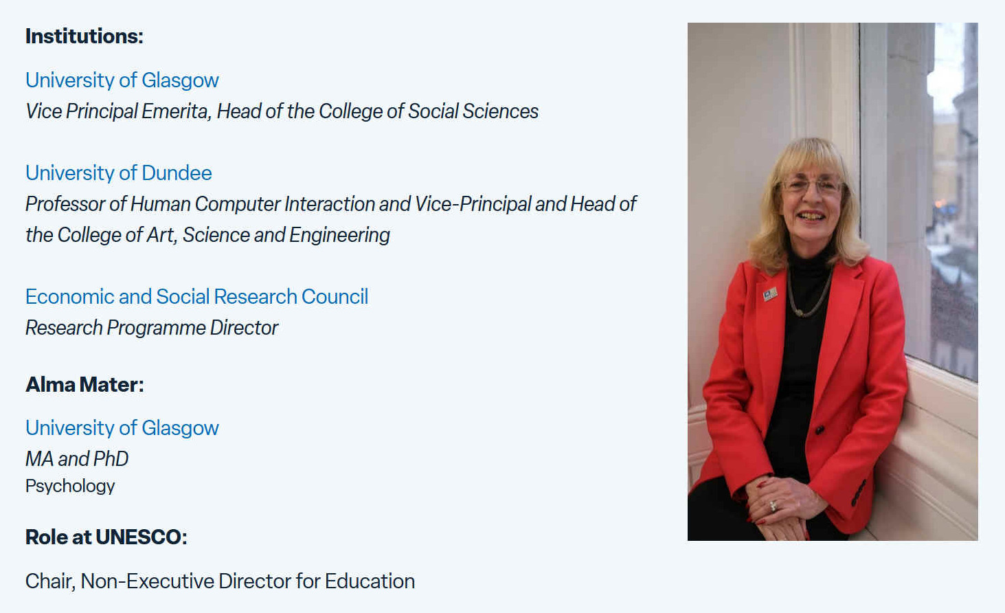 Professor Anne Anderson, OBE FRSE and Vice Principal Emerita of the University of Glasgow, holds a research background in psychology exploring how people communicate in text, dialogue and via technologies.